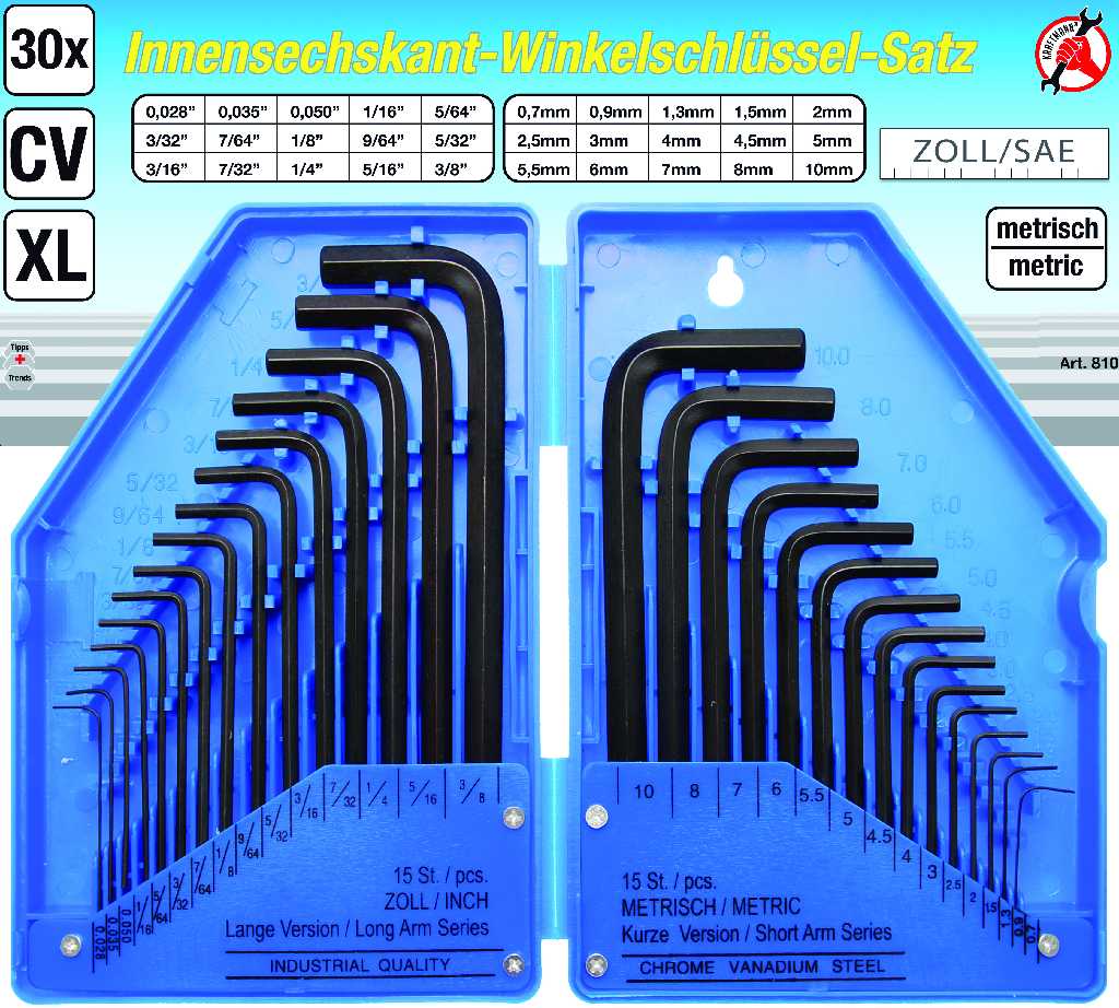 ESTUCHE 30 LLAVES ALLEN ACODADAS EN METRICA (Ø 0,7 - 10 MM) Y SAE (Ø 0,028