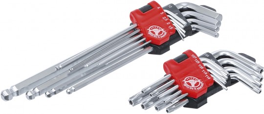 BLISTER DE 9 LLAVES ACODADAS ALLEN/ALLEN BOLA EXTRALARGAS (Ø1,5 - 10 MM.) + 9 LLAVES ACODADAS TORX/TORX-H CORTAS(ØT10H - T50H)