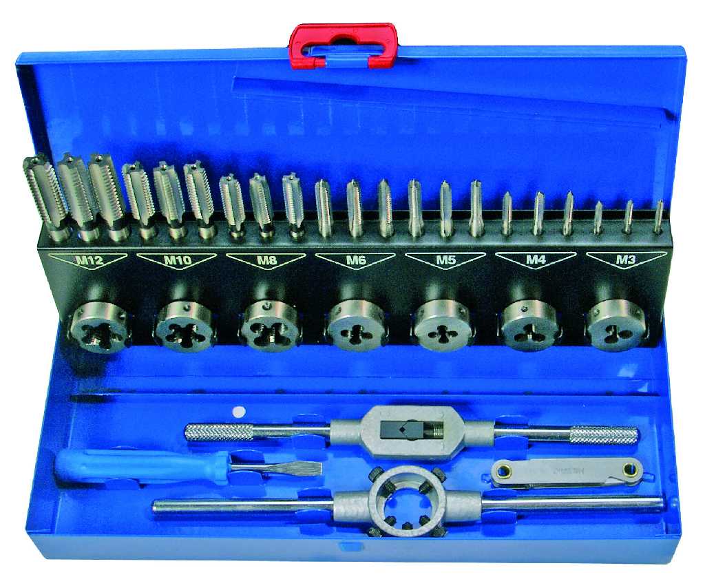 ESTUCHE 32 PCS. MACHOS Y TERRAJAS, ACERO HSS-G, (M3 X 0.5 - M12 X 1.75 MM)