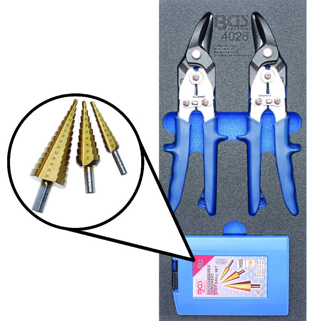 BANDEJA 1/3 DE POLIFOAM CON  2 TIJERAS CORTACHAPA  IZQ. & DCHA . + ESTUCHE 3 BROCAS ESCALONADAS (4-30 MM)