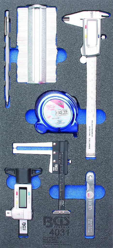 BANDEJA 1/3 DE POLIFOAM CON 7 EQUIPOS MEDIDA (CALIBRE-FLEXÓMETRO-GALGAS-CALIBRE FRENOS-MEDIDOR PROFUNDIDAD CONTORNOS - MARCADOR)