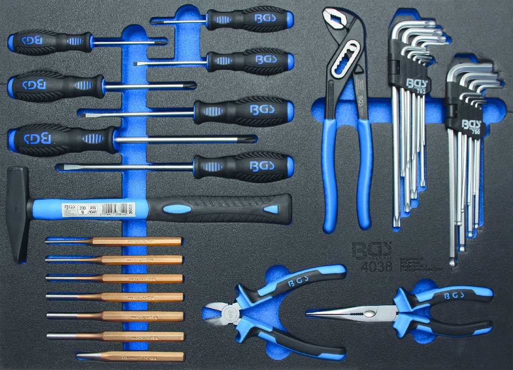 BANDEJA 3/3 POLIFOAM CON 36 PCS ( MARTILLO MECANICO 300 GR. + 3 ALICATES + 7 DESTORNILLADORES + 7 BOTADORES + 18 LLAVES ACODADAS ALLEN BOLA Y TORX)