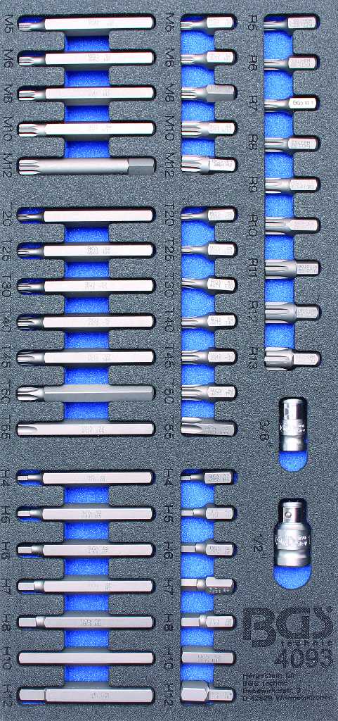 BANDEJA 1/3 DE POLIFOAM CON 49 PUNTAS 10 MM DE CULATAS ( ALLEN - TORX - XZN - RIBE) CORTAS Y LARGAS