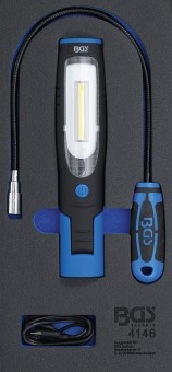 BANDEJA 1/3 DE POLIFOAM CON LAMPARA DE TALLER ARTICULADA LED COB DE 400 LUMENS + 120 LUMENS Y RECOGEDOR MAGNETICO CON LUZ LED  600 MM X 1,5 KGS + CABLE  CARGADOR