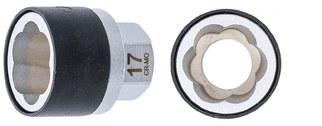 VASO CORTO ENTRADA HEX. 17 MM  EN ESPIRAL, 17 MM., PARA EXTRACCIÓN TORNILLO ANTIRROBO