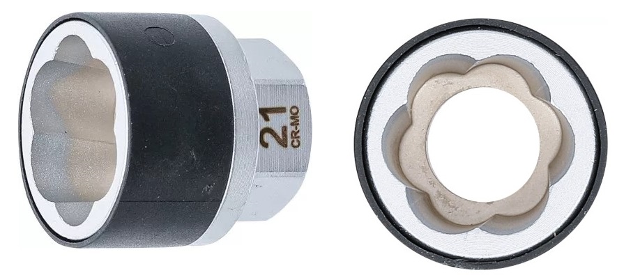 VASO CORTO ENTRADA HEX. 21 MM  EN ESPIRAL, 21 MM., PARA EXTRACCIÓN TORNILLO ANTIRROBO