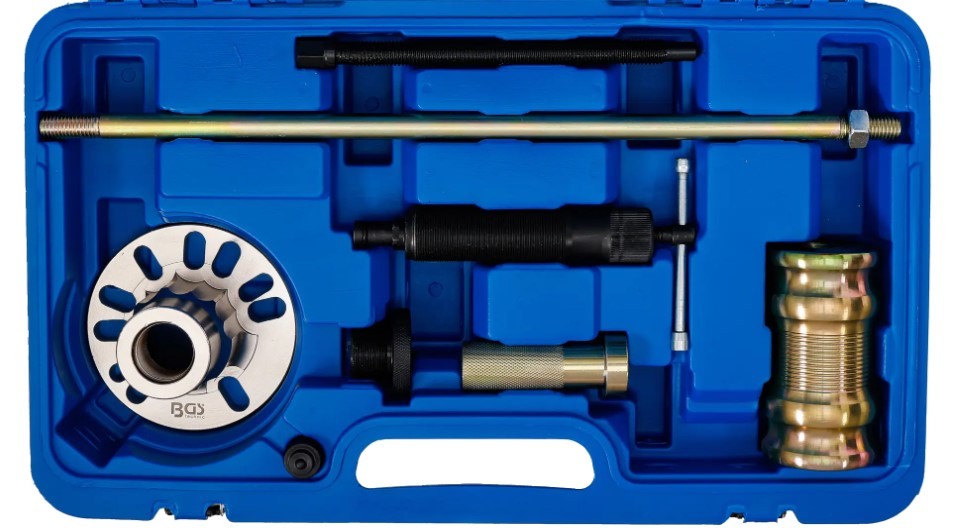 ESTUCHE 8 UTILES EXTRACCIÓN EJE DE TRANSMISIÓN Y BUJE DE RUEDA CON MARTILLO DESLIZANTE DE 4,26 KGS. Y EXTRACTOR HIDRAÚLICO 10 TN., RANGO: 95-125 MM.