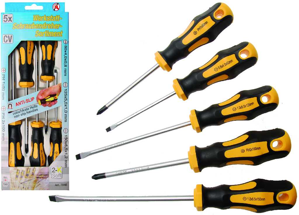 BLISTER 5 DESTORNILLADORES PLANOS Y PHILLIPS CON MANGO BICOLOR DE GOMA ANTIDESLIZANTE