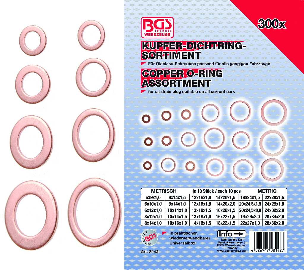 ESTUCHE 300 ARANDELAS DE COBRE (Ø 5X 9 X 1.0 - 28 X 36 X 2.0 MM.) PARA TAPON DE CARTER MOTOR