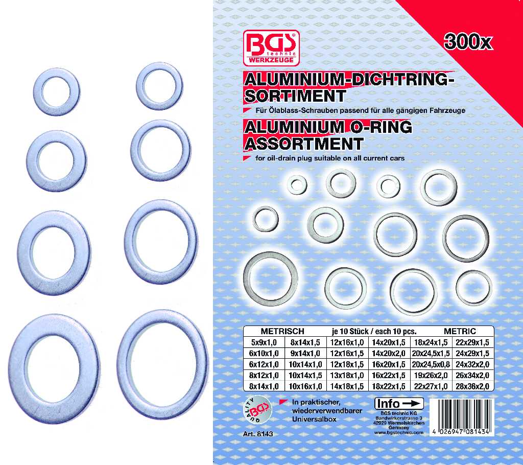 ESTUCHE 300 ARANDELAS DE ALUMINIO (Ø 5 X 9 X 1.0 - 28 X 36 X 2.0 MM.) PARA TAPÓN DE CARTER MOTOR