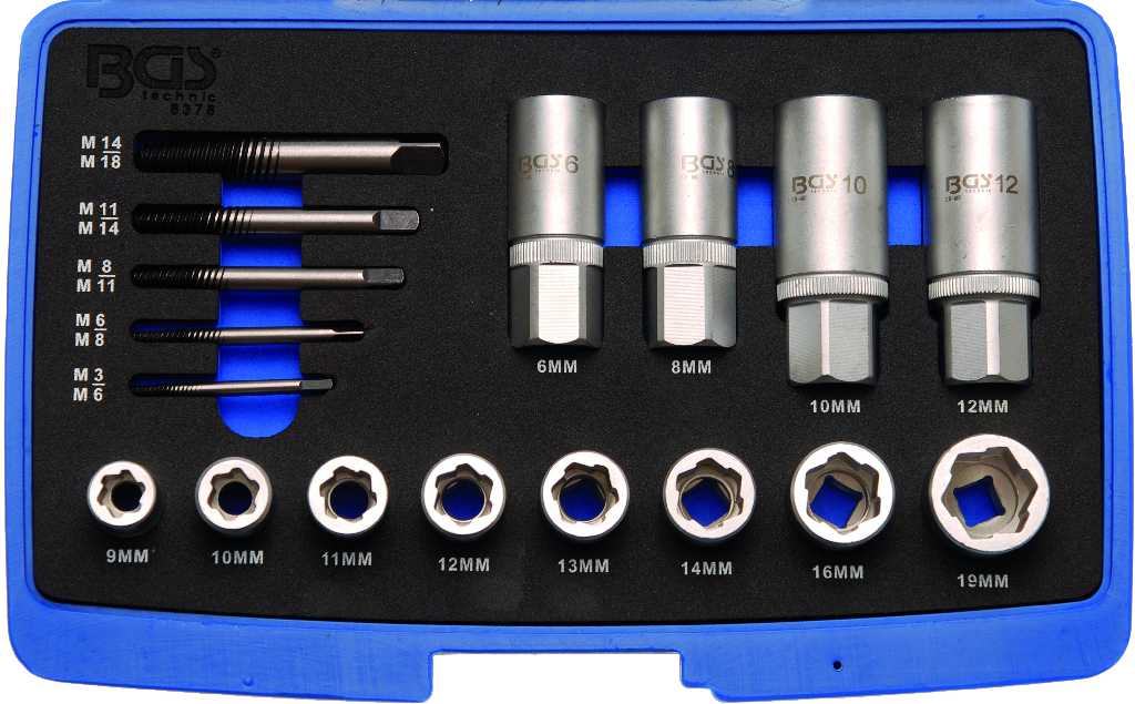 ESTUCHE 17 PCS PARA EXTRACCIÓN TUERCAS Y TORNILLOS, (Ø 9 - 19 MM)