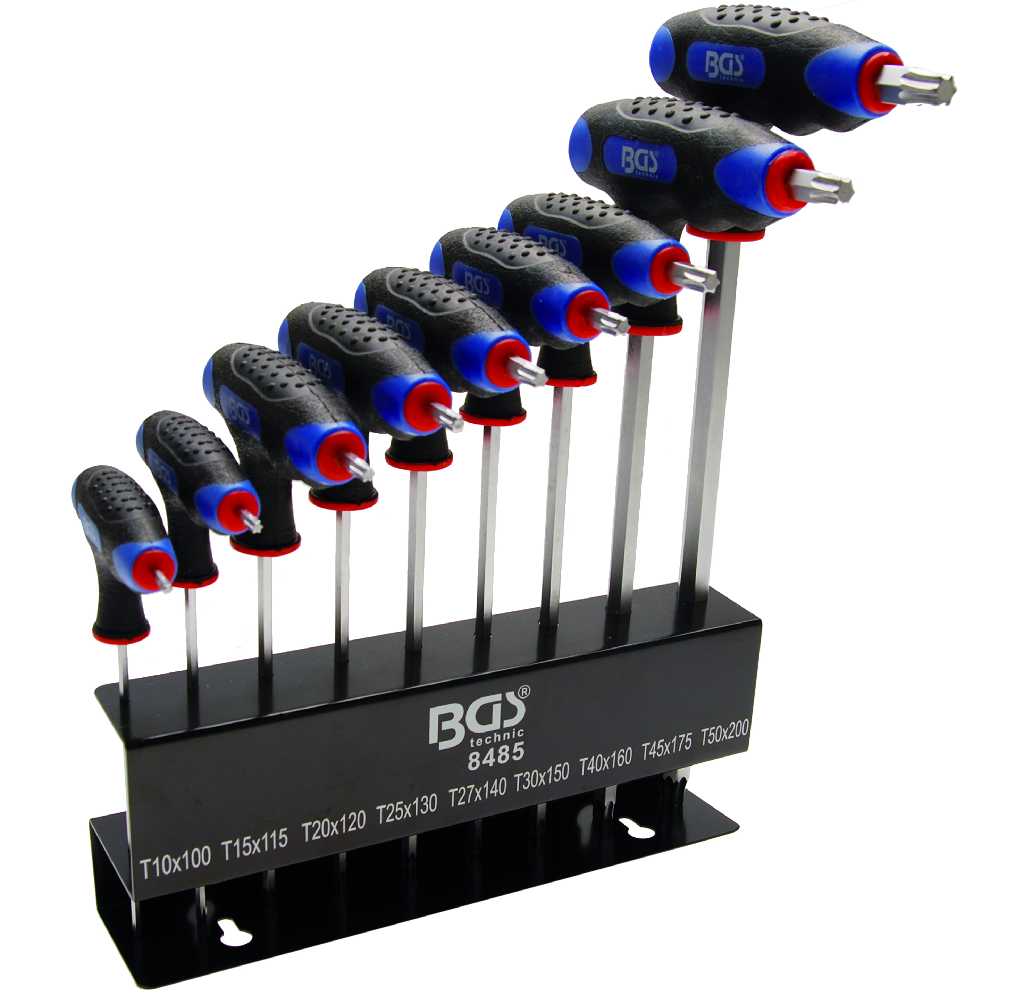 EXPOSITOR DE 9 LLAVES ACODADAS TORX CON EMPUÑADURA EN T (T10 - T50)