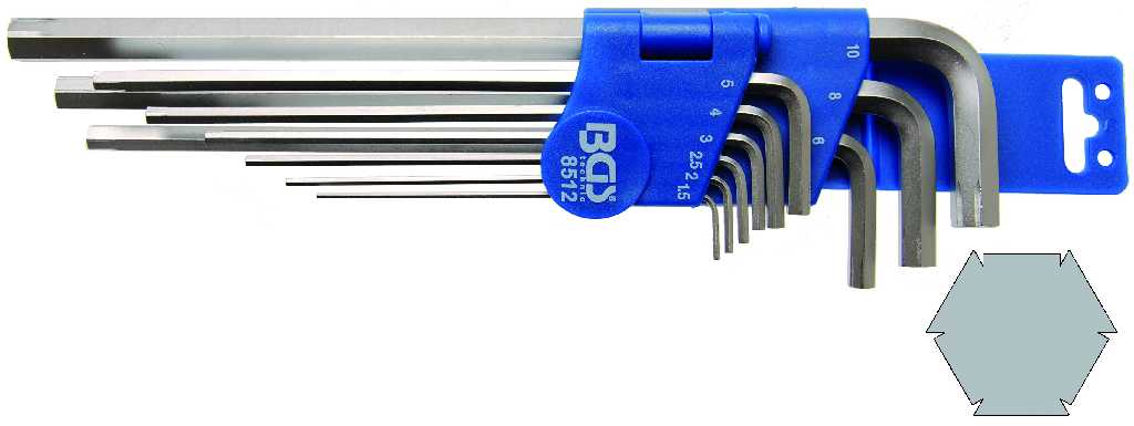 BLISTER 9 LLAVES ACODADAS ALLEN EXTRALARGAS CON REBORDE INTERNO ( 1,5 - 10 MM)