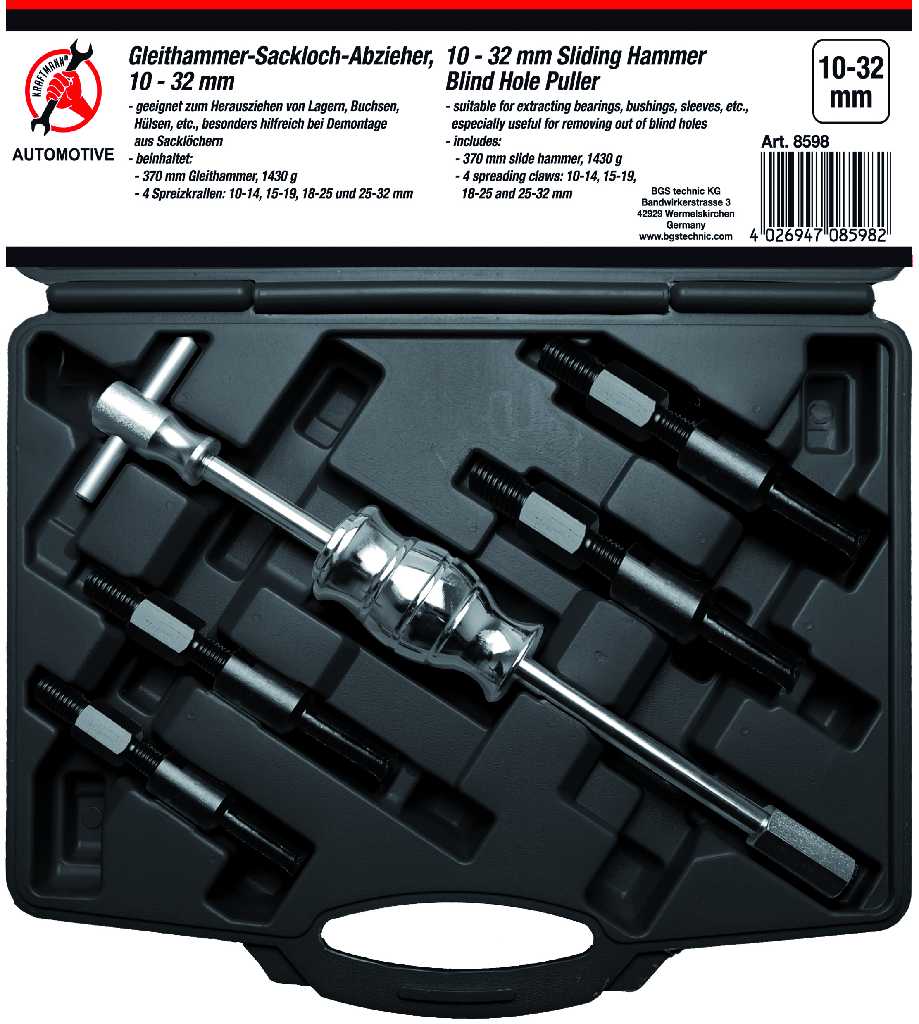 ESTUCHE 5 UTILES DE EXTRACCIÓN DE RODAMIENTOS INTERNOS (Ø 10 - 14 / 15 - 19 / 18 - 26 / 25 - 32 MM.) CON MARTILLO DESLIZANTE (1430 GRS X 370 MM), KRAFTMANN