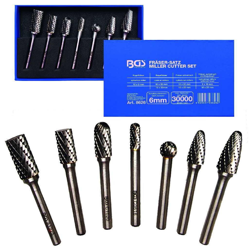 ESTUCHE 7 FRESAS ACERO HSS  DIN 6542 PARA METAL DURO, Ø 6 MM.