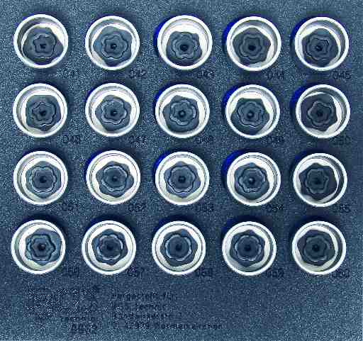 BANDEJA 1/6 POLIFOAM CON 22 VASOS PARA SUSTITUCIÓN DE TORNILLOS ANTIRROBO DE VEHICULOS BMW  ( #41-#42-#43-#44-#45-#46-#47-#48-#49-#50-#51-#52-#53-#54-#55-#56-#57-#58-#59-#60)