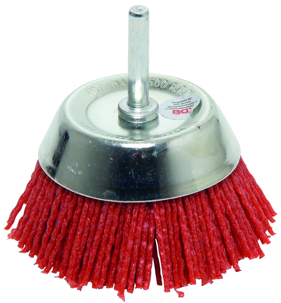 % CEPILLO DE NYLON GRUESO PARA MATERIALES BLANDOS, TIPO COPA Ø 75 MM. CON VASTAGO 6 MM.