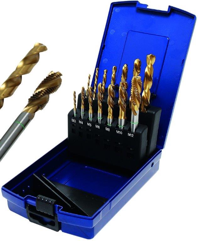 ESTUCHE COMBINADO DE 7 BROCAS ACERO HSS-TITANIO DIN 338 ( Ø 2,5 - 3,3 - 4,2 - 5,0 - 6,8 - 8,5 - 10,2 MM.) + 7 MACHOS ACERO HSS-TITANIO DIN 371/379 B (M3 - M4 - M5 - M6 - M8 - M10 - M12)