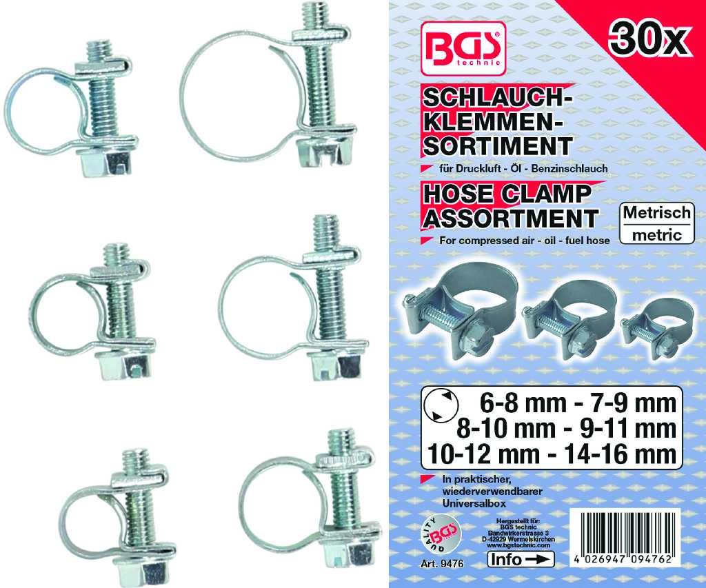 ESTUCHE DE 30 ABRAZADERAS DE ACERO AJUSTABLES POR TORNILLO ( Ø 6-8 / 7-9 / 8-10 / 9-11 / 10-12 / 14-16 MM), ADECUADO PARA MANGUERAS DE ACEITE - AIRE COMPRIMIDO -  COMBUSTIBLES