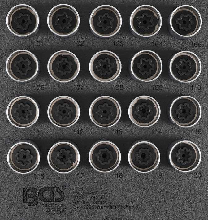 BANDEJA 1/6 DE POLIFOAM CON 20 VASOS CORTOS HEX. 17 MM. CON PUNTA ESPECIAL PARA SUSTITUCIÓN DE TORNILLOS ANTIRROBO DE OPEL/VAUXHALL (VERSION A)