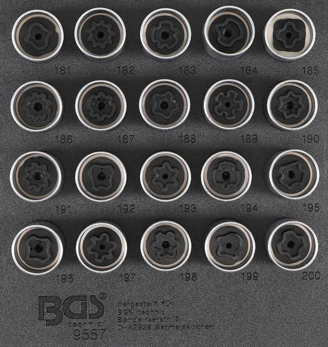 BANDEJA 1/6 DE POLIFOAM CON 20 VASOS CORTOS HEX. 17 MM. CON PUNTA ESPECIAL PARA SUSTITUCIÓN DE TORNILLOS ANTIRROBO PARA OPEL/VAUXHALL (VERSION B)