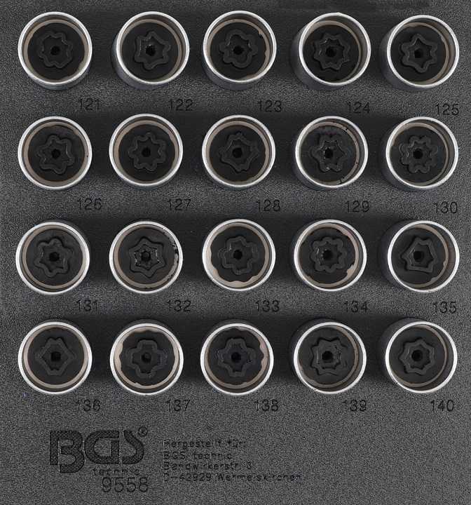 BANDEJA 1/6 DE POLIFOAM CON 20 VASOS CORTOS HEX 17 MM. CON PUNTA ESPECIAL SUSTITUCIÓN TORNILLOS ANTIRROBO PARA OPEL/VAUXHALL (VERSION C)