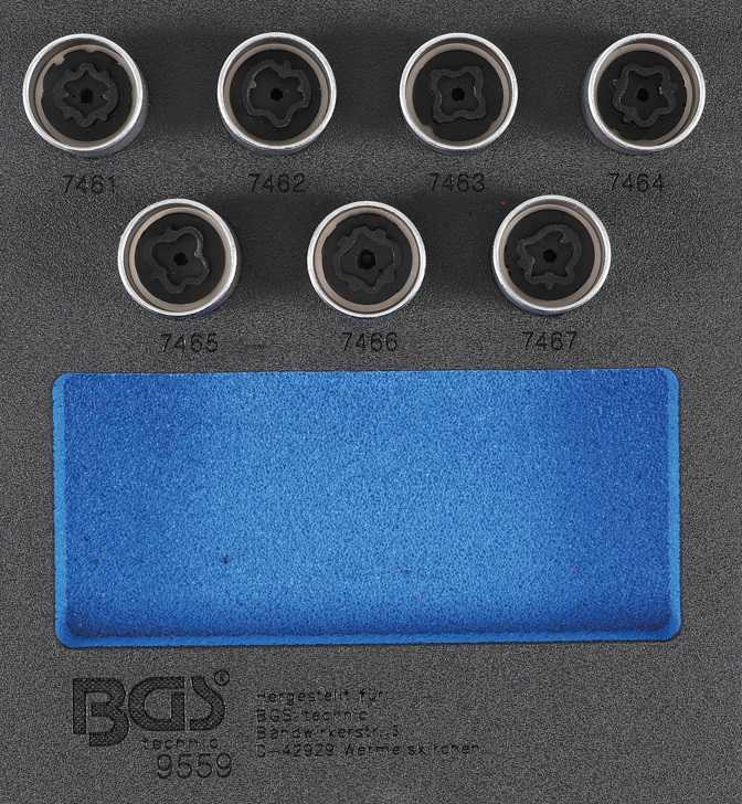 BANDEJA 1/6 DE POLIFOAM CON 7 VASOS CORTO HEX. 17 MM. CON PUNTA ESPECIAL PARA SUSTITUCIÓN DE TORNILLOS ANTIRROBO PARA OPEL/VAUXHALL (VERSION D)