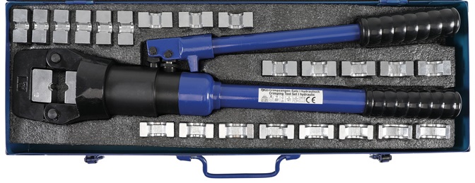 ESTUCHE ALICATE PRENSATUBOS HIDRAULICO 16 TN. DE COBRE Y ALUMINIO + 22 MORDAZAS INTERCAMBIABLES ( 16-25-35-50-70-95-120-150-185-240-300-400 MM2.)