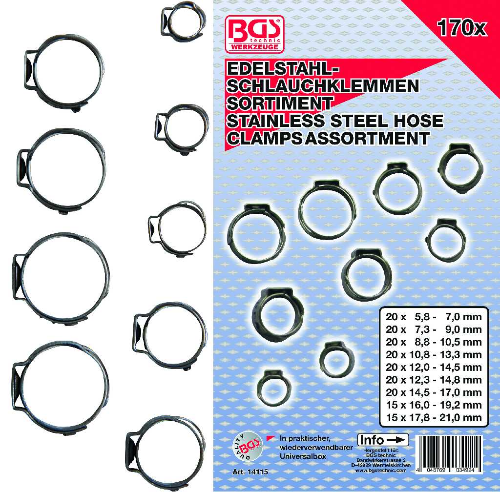 %  ESTUCHE 170 ABRAZADERAS DE MANGUERA DE ACERO INOXIDABLE UTILIZABLE CON GT100161 Y GT108359 ((5.8-7.0/7.3-9.0/8.8-10.5/10.8-13.3/12.0-14.5/12.3-14.8/14.5-17.0/16.0-19.2/17.8-21.0 MM.)