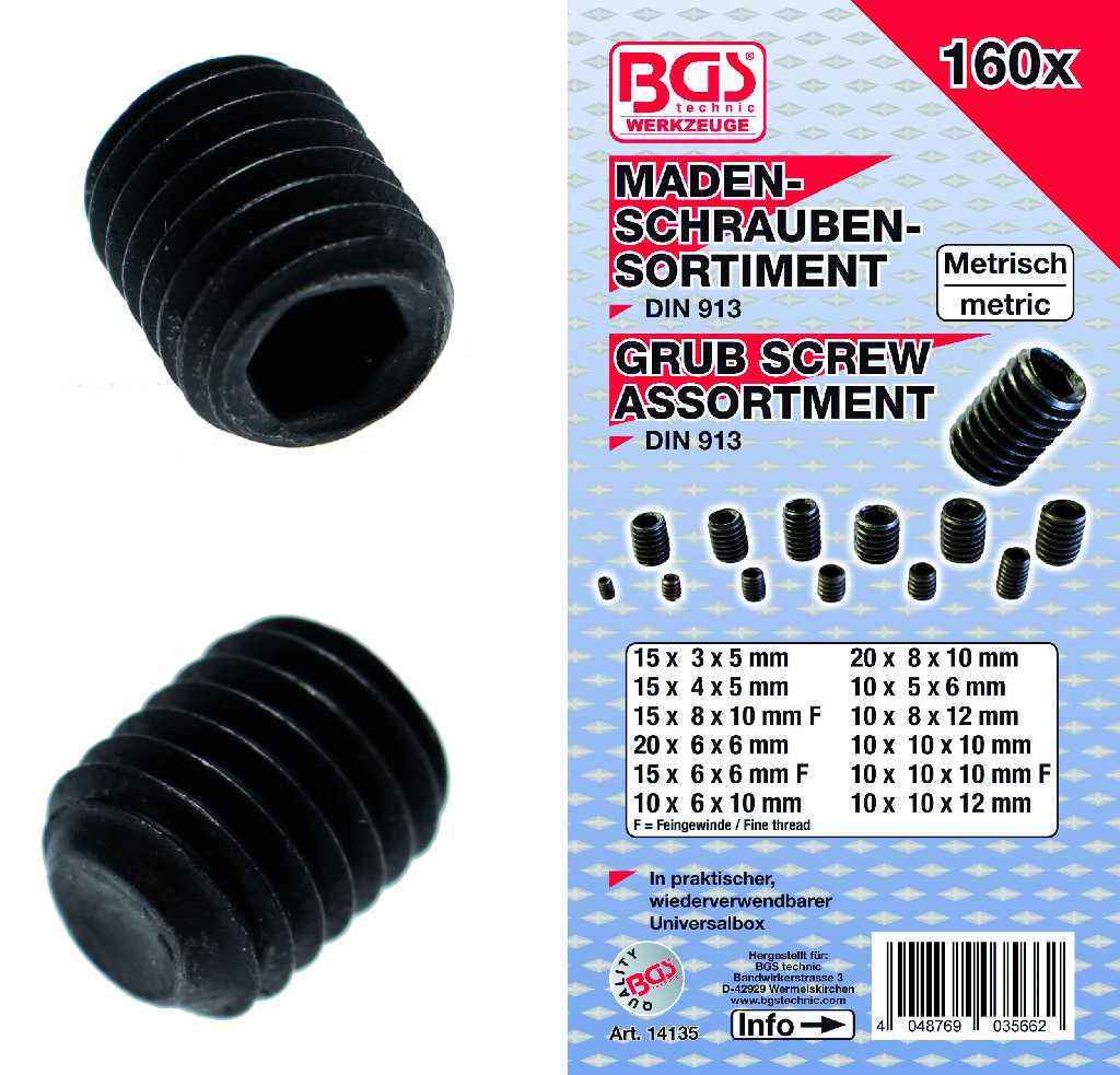 ESTUCHE 160 TORNILLOS PRISIONEROS SURTIDOS ( M3 X 5 - M10 X 12 MM) DIN 913