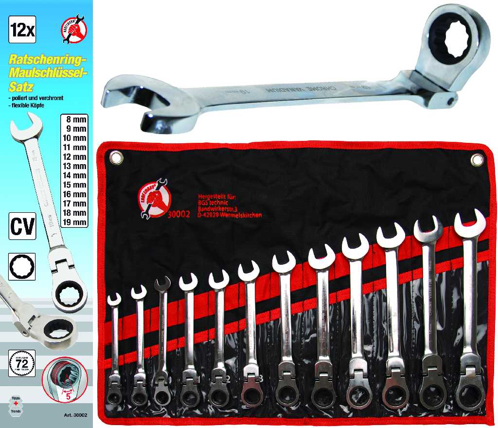 % @ BOLSA 12 LLAVES COMBINADAS DE CARRACA, 72 D. ARTICULADAS 180º(8-9-10-11-12-13-14-15-16-17-18-19 MM), *KRAFTMANN*