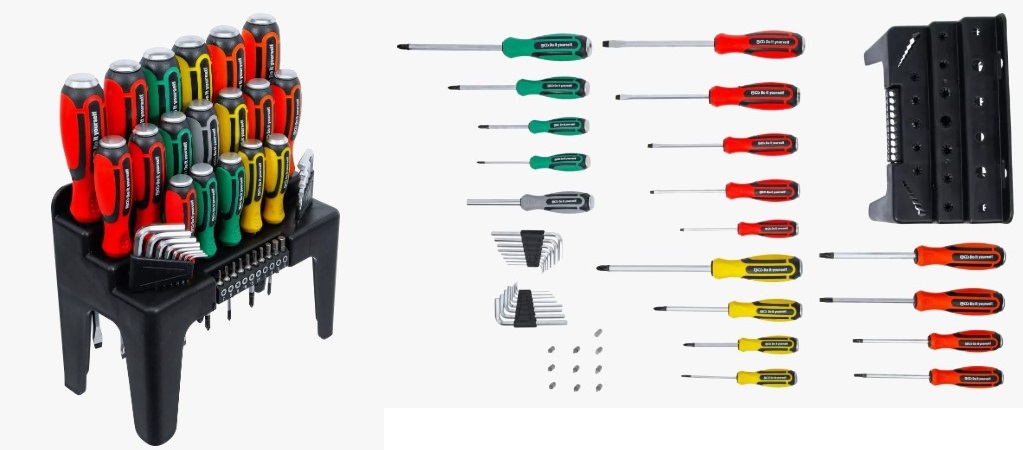 EXPOSITOR DE 44 PCS CON  DESTORNILLADORES DE GOLPEO PLANOS - PHILLIPS - PZ -TORX + 8 LLAVES ALLEN ACODADAS METRICA Y PULGADAS + 10 PUNTAS 1/4