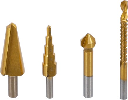 BLISTER  DE BROCA CONICA ESCALONADA, Ø 4,0 - 12 MM + BROCA CÓNICA Ø 8,0 - 20 MM. + AVELLANADOR Ø 12,4 MM + BROCA FRESADA Ø 6,0 X 85 MM, RECUBIERTA DE TITANIO