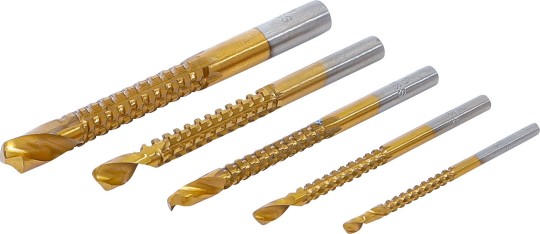 BLISTER  DE 5 BROCAS FRESADAS Ø 3 X 60 - 4 X 70 - 5 X 80 - 6 X 85 - 8 X 95 MM, RECUBIERTA DE TITANIO
