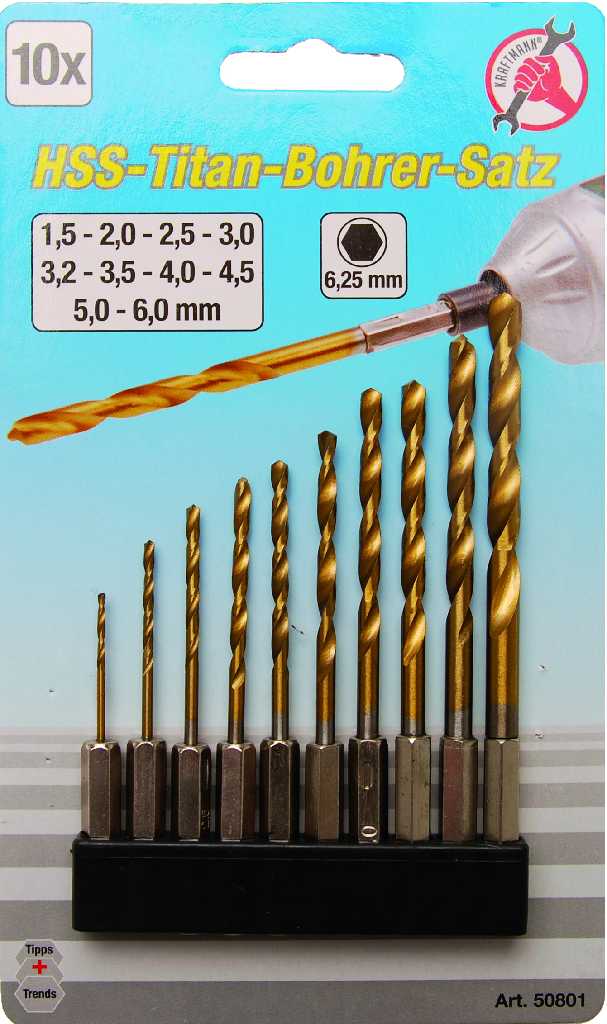 BLISTER 10 BROCAS EJE HEXAGONAL HSS-TITANIO PARA TALADRO-ATORNILLADOR ( Ø 1,5 - 6,0 MM), KRAFTMANN