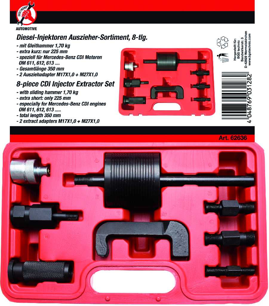 ESTUCHE 8 UTILES EXTRACCIÓN POR GOLPE DE INYECTORES MOTORES MERCEDES BENZ CDI & BMW  525D - 530D - CODIGOS DE MOTOR OM611, OM612, OM613, OM646, OM647, OM648 Y OTROS