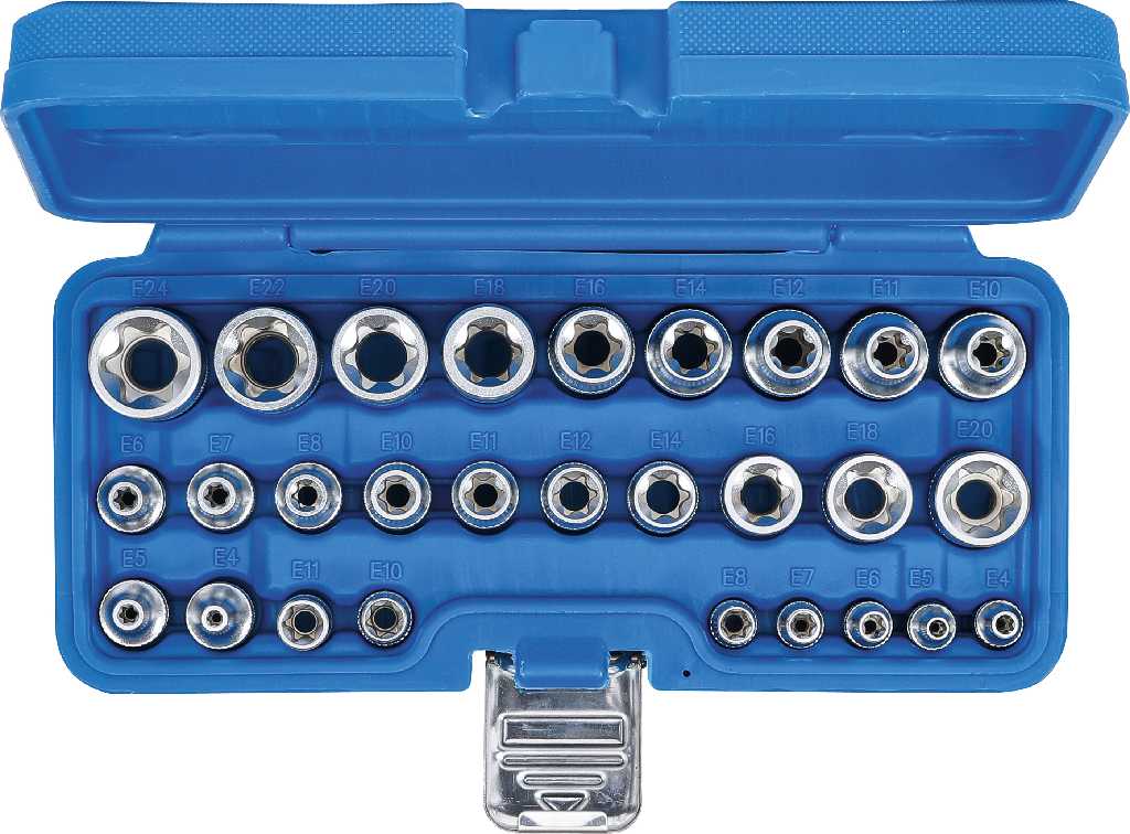 @ ESTUCHE 28 VASOS CORTOS TORX TIPO E ¼”(E4-E11) + 3/8” (E4-E20) + ½” (E10-E24)