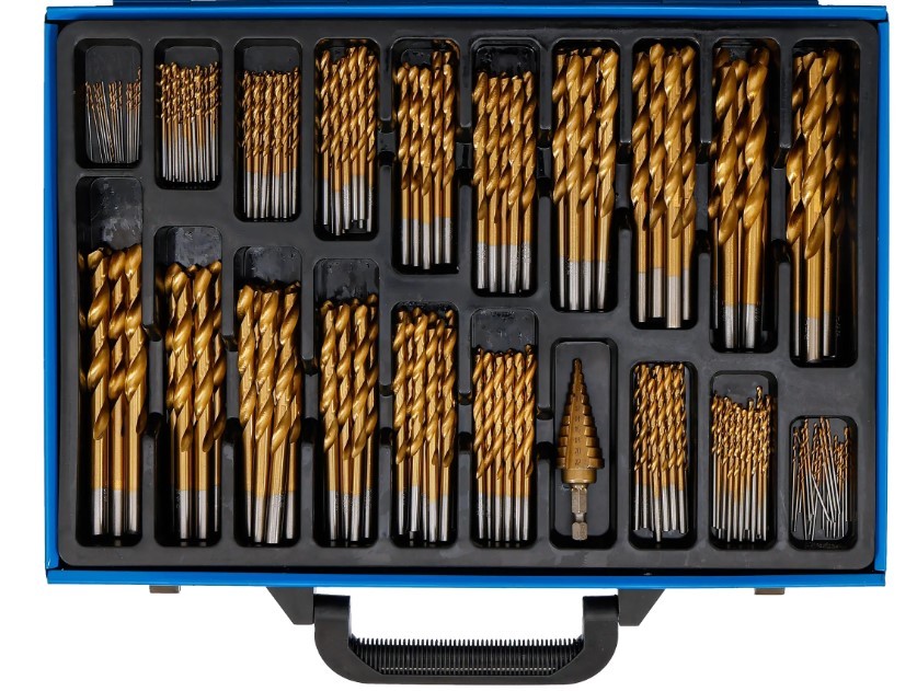 @ ESTUCHE 231 BROCAS VARIADAS ACERO HSS-TITANIO, DIN338, ( Ø 1.0 - 10 MM) + BROCA ESCALONADA  Ø  4 - 22 MM