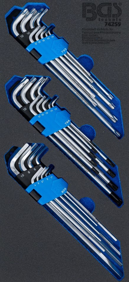 BANDEJA 1/3 DE POLIFOAM CON 27 LLAVES ACODADAS EXTRALARGAS TORX - TORX-H Y ALLEN