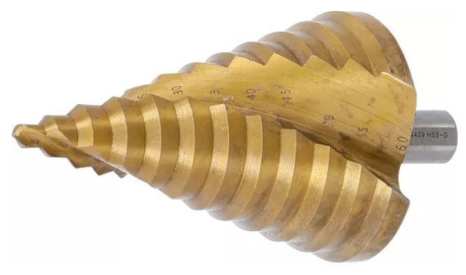 BROCA CONICA ESCALONADA, Ø 6,0 - 60,0 MM., RECUBIERTA DE TITANIO, SISTEMA HELICOIDAL