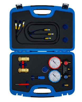 ESTUCHE COMPRESIMETRO DE AIRE ACONDICIONADO, MANOMETRO DOBLE PARA REFRIGERANTE R744