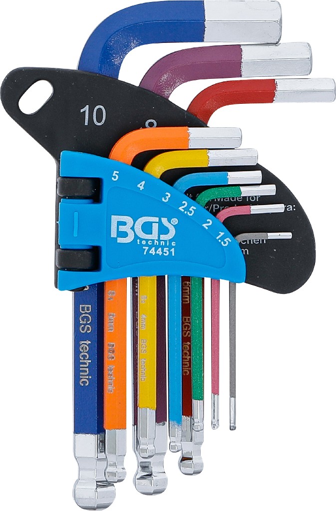 BLISTER 9 LLAVES ACODADAS CORTAS ALLEN BOLA (1,5 - 10 MM) MULTICOLOR