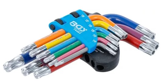 BLISTER 9 LLAVES ACODADAS CORTAS TORX (T10 - T50 ) Y TORX-H (T10H - T50H) MULTICOLOR CON CABEZA REDONDEADA