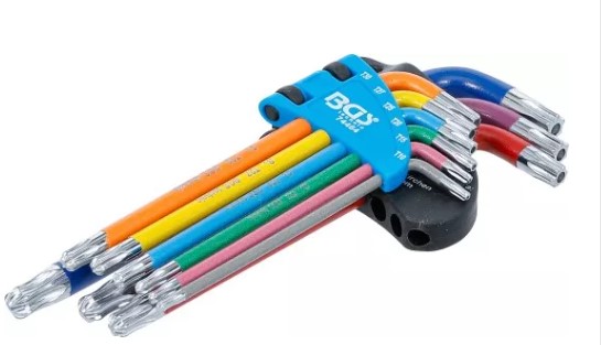 BLISTER 9 LLAVES ACODADAS LARGAS TORX (T10 - T50) Y TORX-H (T10H - T50H) MULTICOLOR CON CABEZA REDONDEADA