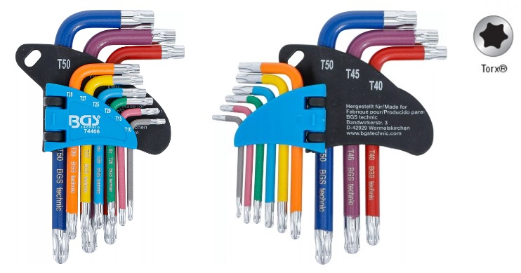 BLISTER 9 LLAVES ACODADAS CORTAS TORX (T10 - T50 ) MULTICOLOR CON CABEZA REDONDEADA