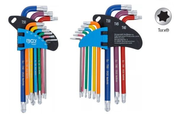 BLISTER 9 LLAVES ACODADAS LARGAS TORX (T10 - T50 ) MULTICOLOR CON CABEZA REDONDEADA