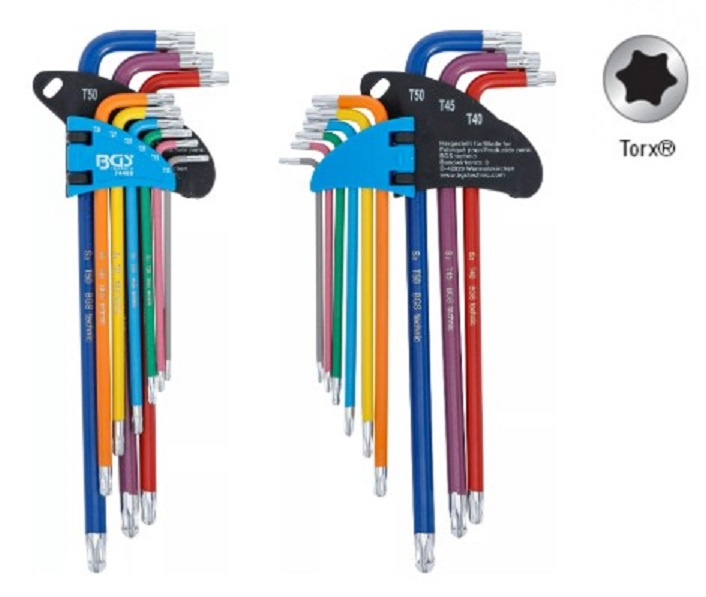 BLISTER 9 LLAVES ACODADAS EXTRALARGAS TORX (T10 - T50 ) MULTICOLOR CON CABEZA REDONDEADA