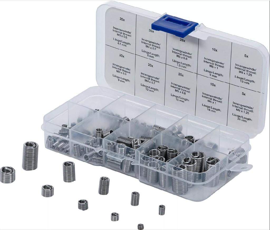 ESTUCHE 150 INSERTOS PARA. REPARACION DE ROSCAS, (Ø M3 X 05 MM. A M8 X 1,25 MM. )