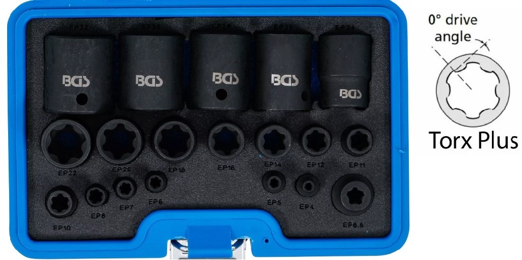 @ ESTUCHE 19 VASOS CORTOS DE IMPACTO | PERFIL EN TORX *TIPO E PLUS* | 1/4