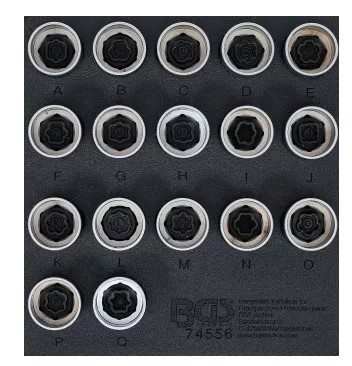 BANDEJA 1/6 DE POLIFOAM CON 17 VASOS CORTOS HEX. 17 MM. CON PUNTA ESPECIAL PARA SUSTITUCIÓN DE TORNILLOS ANTIRROBO DE LAND ROVER